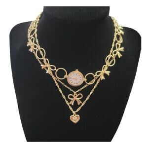 3 piece coquette gold tone layered necklace set, watch, bow, & heart charms